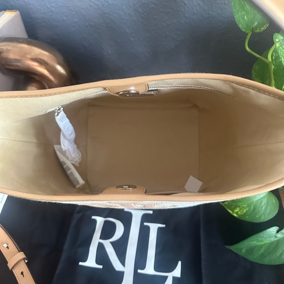 NWT Ralph Lauren Canvas Med Whitley Beige Tan Monogram Shoulder Bucket Bag - Picture 4 of 10